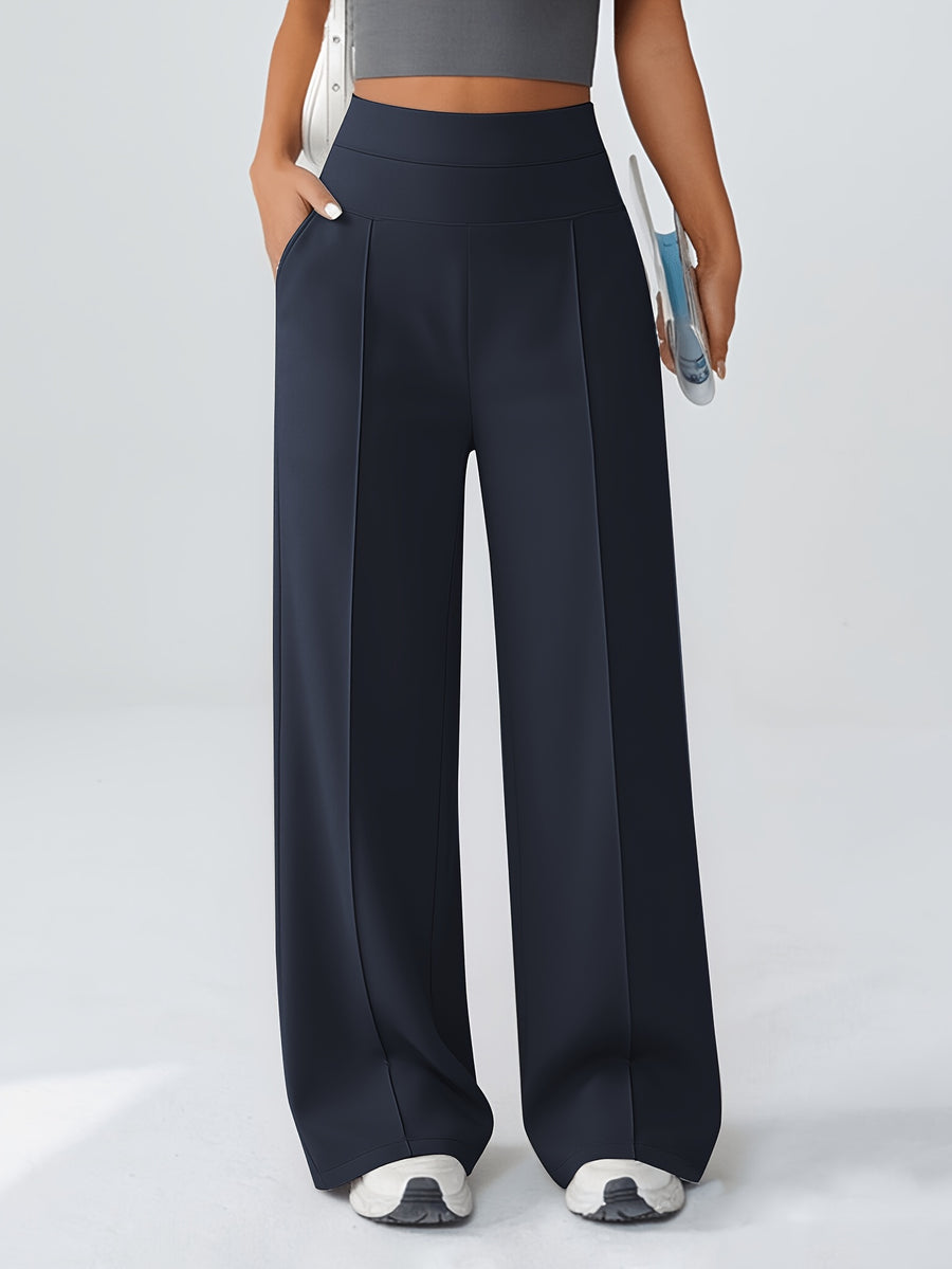 Spring And Autumn Women'S Casual Versatile Wide-Leg Pants (2 Pockets) High-Waisted Elastic Waist Design Straight-Leg Long Pants Breathable Loose Daily Commute Outerwear Comfortable Women'S Pants - Navy Color