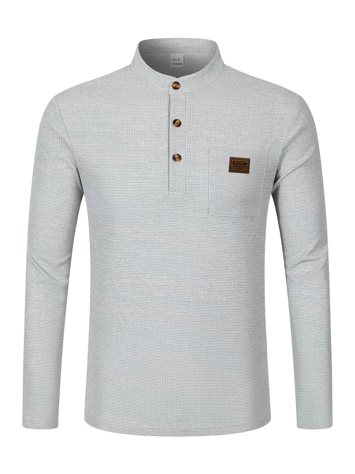 Josh Mei Selection: 2026 New Men's Stand Collar Waffle Texture Long Sleeve Shirt, Three-Button Half Open Lapel with Pocket, Lightweight and Comfortable Basic Top for Daily Outings - Light Grey