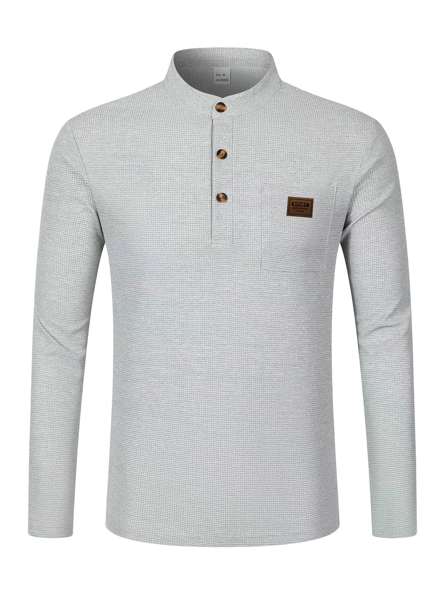 Josh Mei Selection: 2026 New Men's Stand Collar Waffle Texture Long Sleeve Shirt, Three-Button Half Open Lapel with Pocket, Lightweight and Comfortable Basic Top for Daily Outings - Light Grey