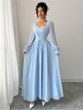 French-Style High-Waisted Pleated Sleeve Dress - Blue