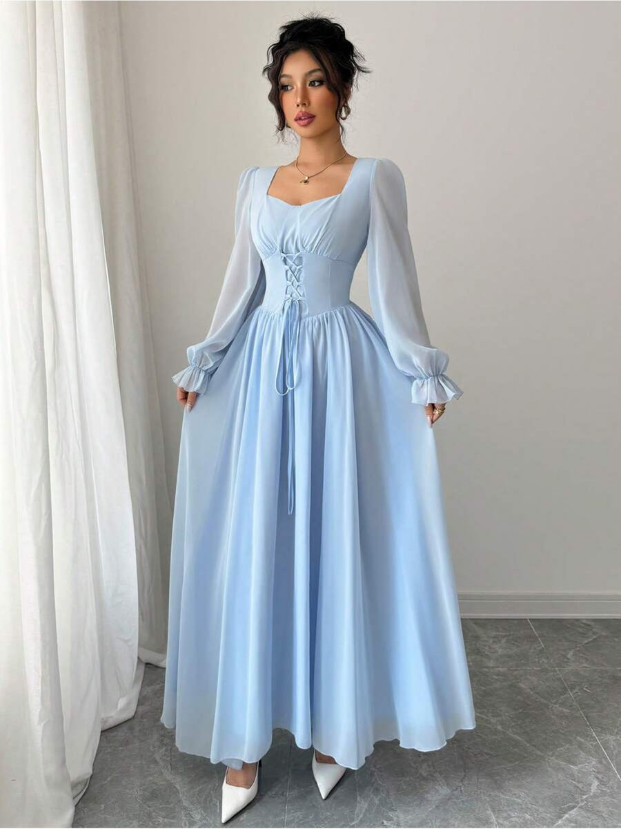 French-Style High-Waisted Pleated Sleeve Dress - Blue