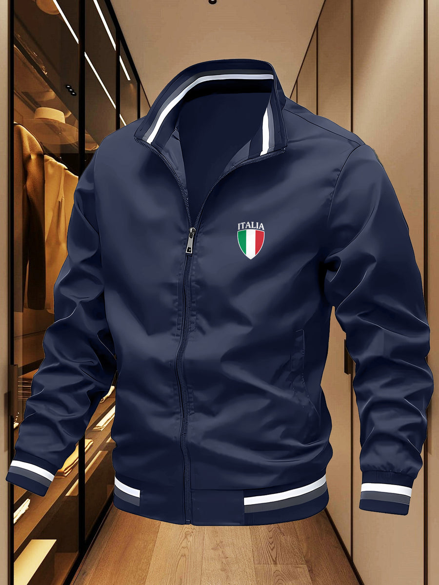 Men's Italian Shield Logo Baseball Jacket - High Collar Winter Warm Zipper Outerwear, Italian Shield Emblem & Ribbed Stripes, Machine Washable Fall/Winter Jacket for Casual & Wear - Star Blue