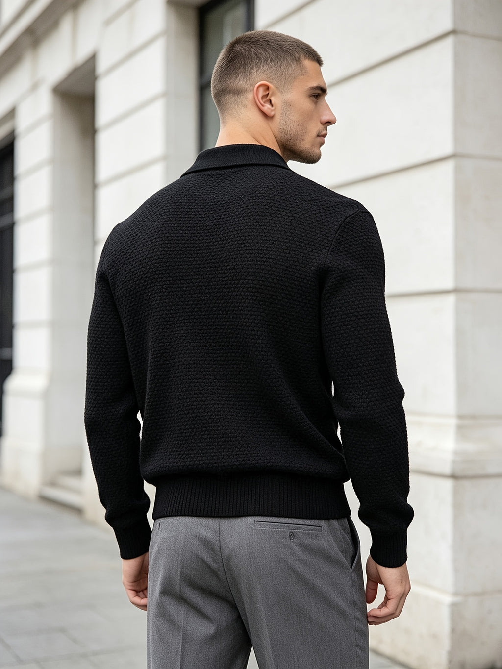 Men'S Business Light Luxury Style Lapel Honeycomb Texture Knit Polo Shirt, Soft Skin-Friendly Knit Fabric, 3D Honeycomb Texture Premium Texture, Slimming And Non-Tight, Long Sleeve Design Easy And Atmospheric Without Extra Logo - Black