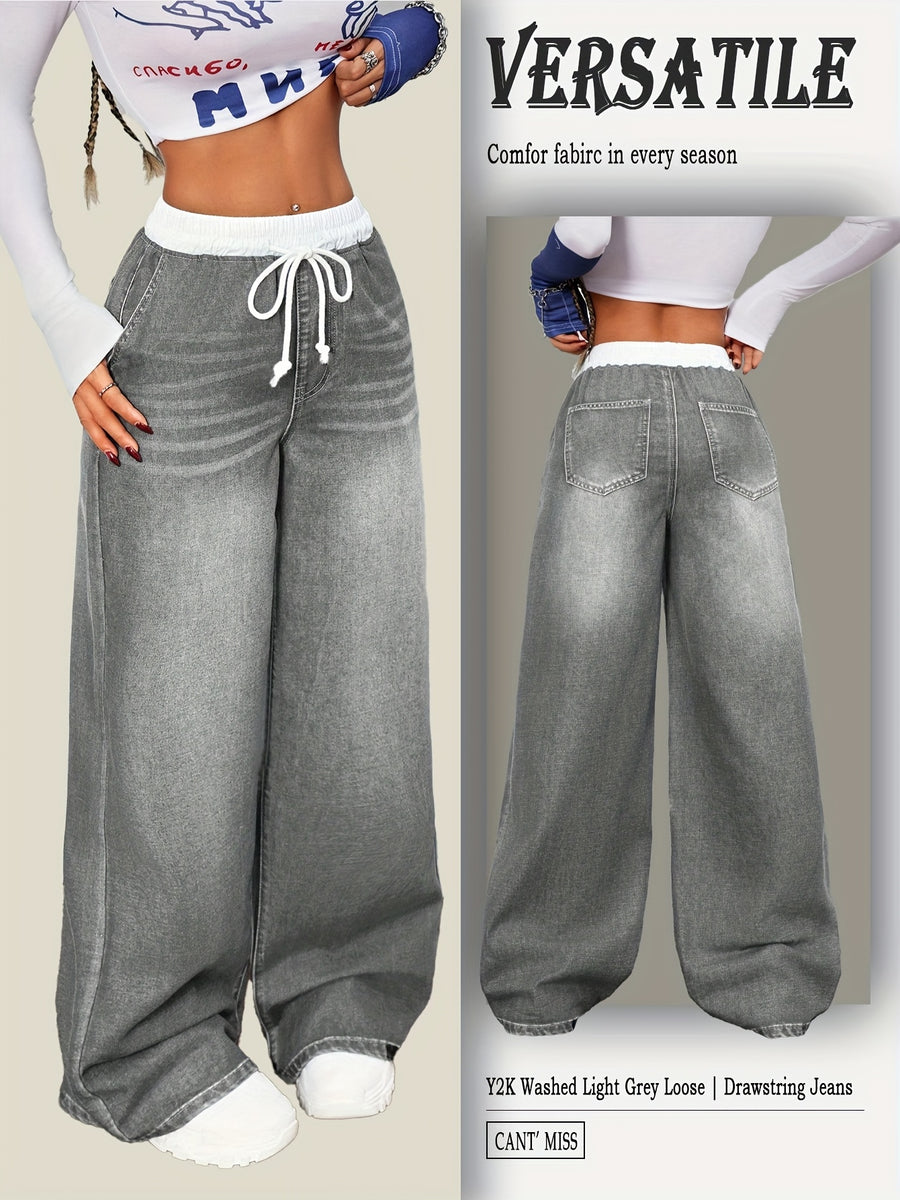 2026SS Women's Y2K Vintage Jeans Drawstring Loose Fit Casual Denim Pants - Grey