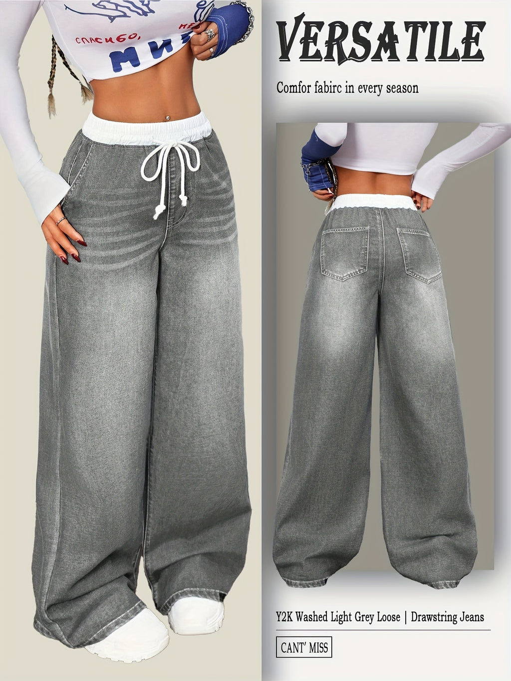 2026SS Women's Y2K Vintage Jeans Drawstring Loose Fit Casual Denim Pants - Grey