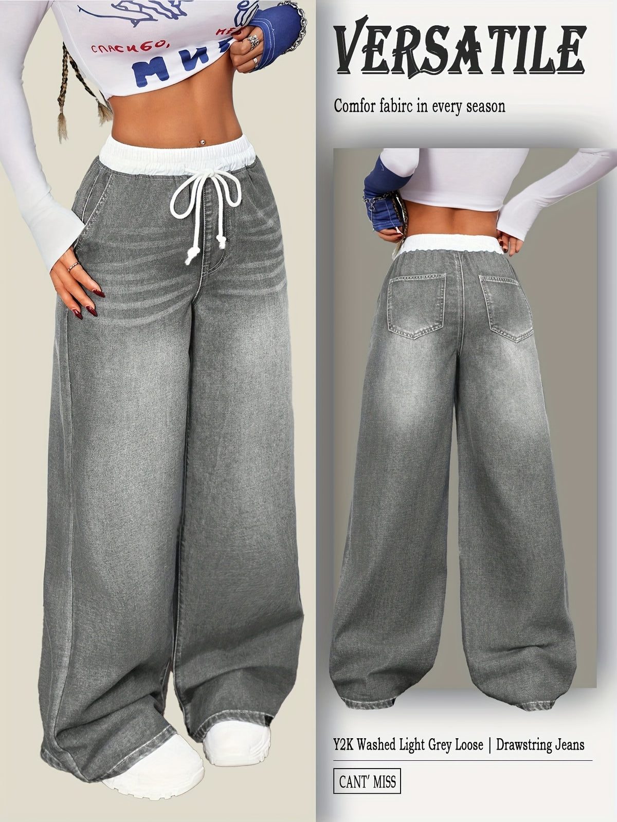 2026SS Women's Y2K Vintage Jeans Drawstring Loose Fit Casual Denim Pants - Grey