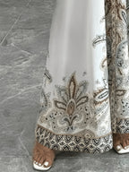 Women's Elegant Middle Eastern-Inspired Floral Print Dress - Long Sleeve Knee-Length Loose Fit with Small Stand-Up Collar & Button Front, All-Season Casual Vacation Resort Wear, Long Sleeve Maxi Dress, No Stretch Fabric - White