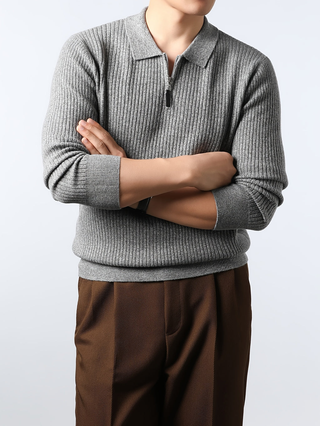 Xingfan Autumn/Winter Men's Ribbed Cable Knit Lapel Pullover Casual 4/1 Zipper Thickened Warm Long-Sleeve Sweater - Medium Gray