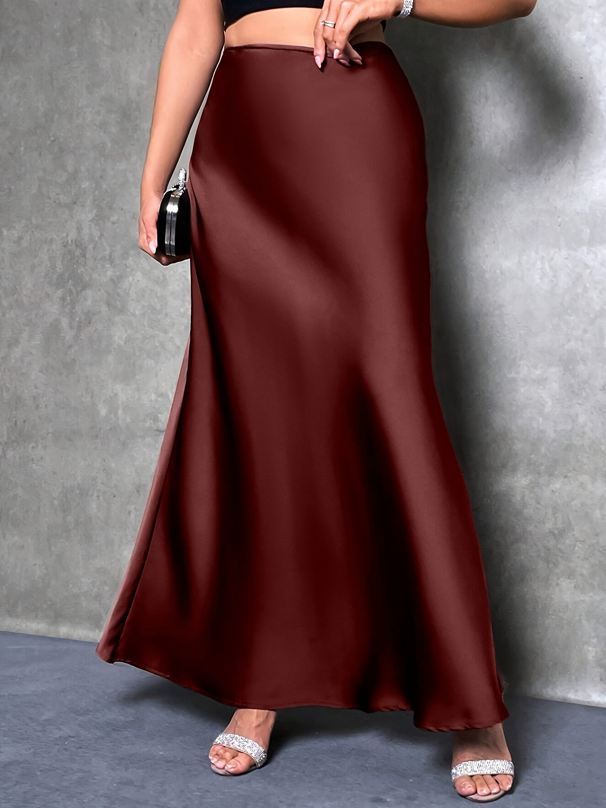 Women's High-Waisted Solid Color Elegant Satin Skirt, Suitable for Date, Party, Gift, All Season - Burgundy