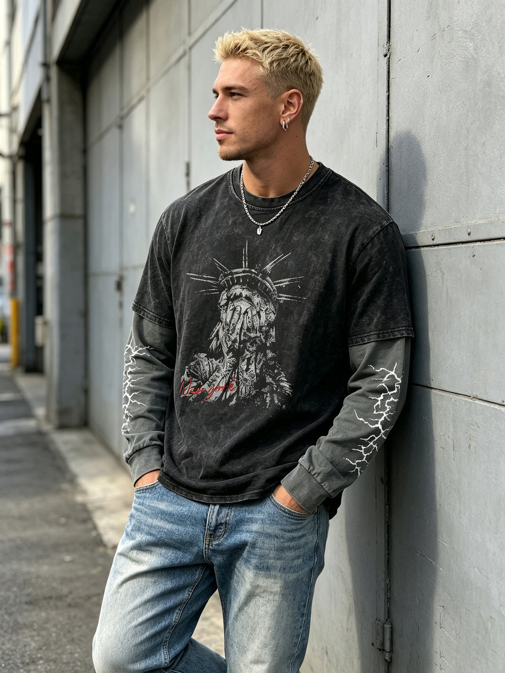 Men'S Faux Two-Piece Long Sleeve T-Shirt, Vintage Washed Easy Design Statement Print Contrast Gray Sleeve Top, American Street Loose Casual Long Sleeve T-Shirt - Black