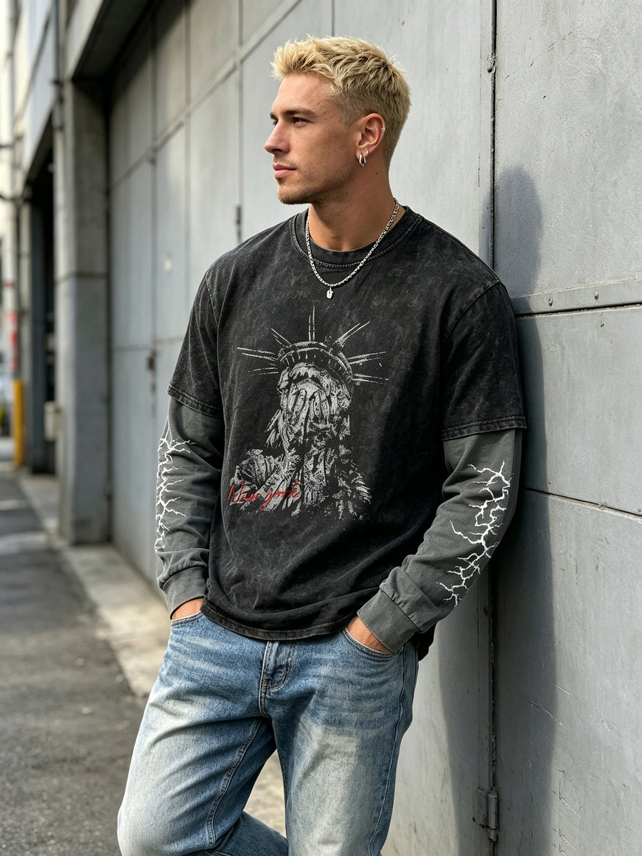 Men'S Faux Two-Piece Long Sleeve T-Shirt, Vintage Washed Easy Design Statement Print Contrast Gray Sleeve Top, American Street Loose Casual Long Sleeve T-Shirt - Black