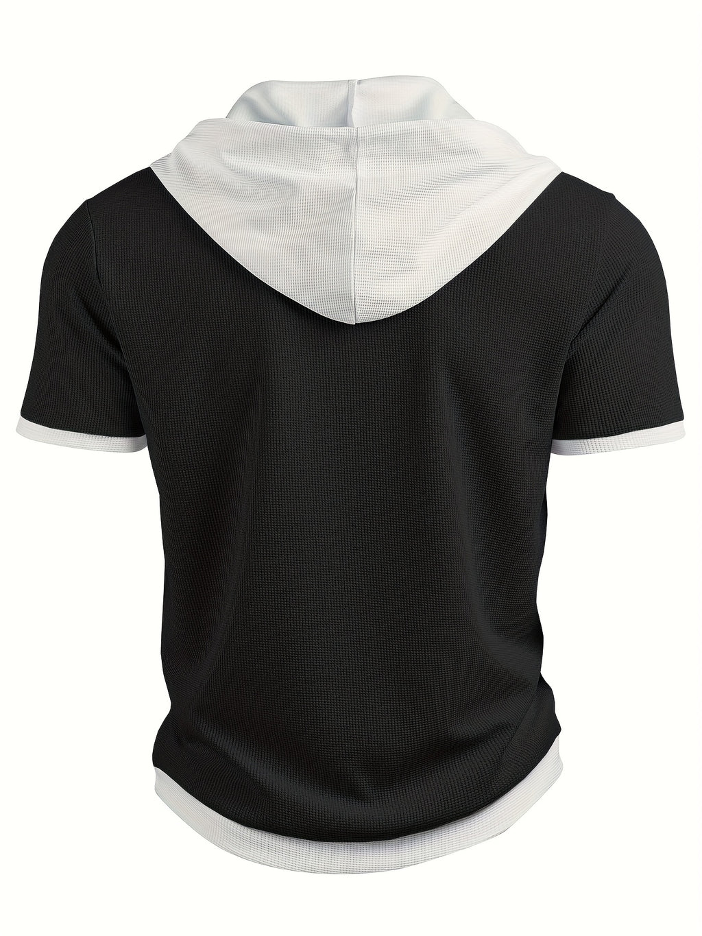 Men's Casual Short Sleeve Hooded Henley Shirt - Textured Waffle Knit & Contrast Color Block Design with Metal Buttons, Breathable Summer Outdoor Sportswear, Machine Washable Regular Fit, Henley Placket Design - Black