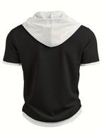 Men's Casual Short Sleeve Hooded Henley Shirt - Textured Waffle Knit & Contrast Color Block Design with Metal Buttons, Breathable Summer Outdoor Sportswear, Machine Washable Regular Fit, Henley Placket Design - Black