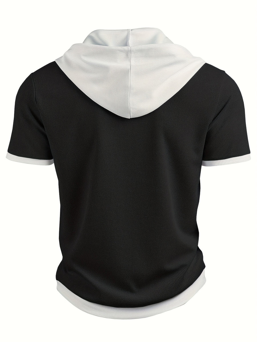 Men's Casual Short Sleeve Hooded Henley Shirt - Textured Waffle Knit & Contrast Color Block Design with Metal Buttons, Breathable Summer Outdoor Sportswear, Machine Washable Regular Fit, Henley Placket Design - Black