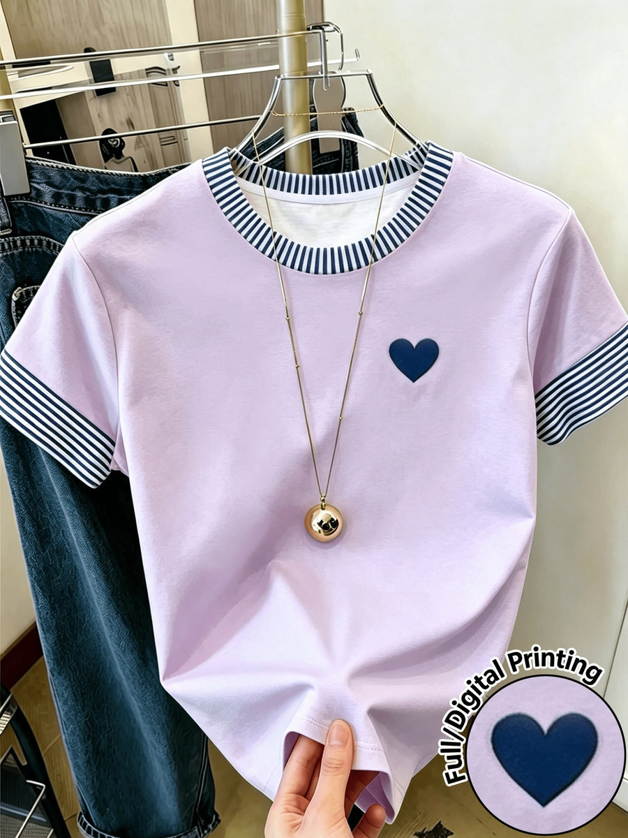 New Summer Women's T-Shirt, Round Neck Casual Apparel, Women's Pullover, Casual Commuter Wear, Daily Outing Base Layer, Simple Small Heart Pattern Print, Energetic and Lively, Streetwear, Outing Outfit, Basic Versatile Piece, As a Gift - Lavender