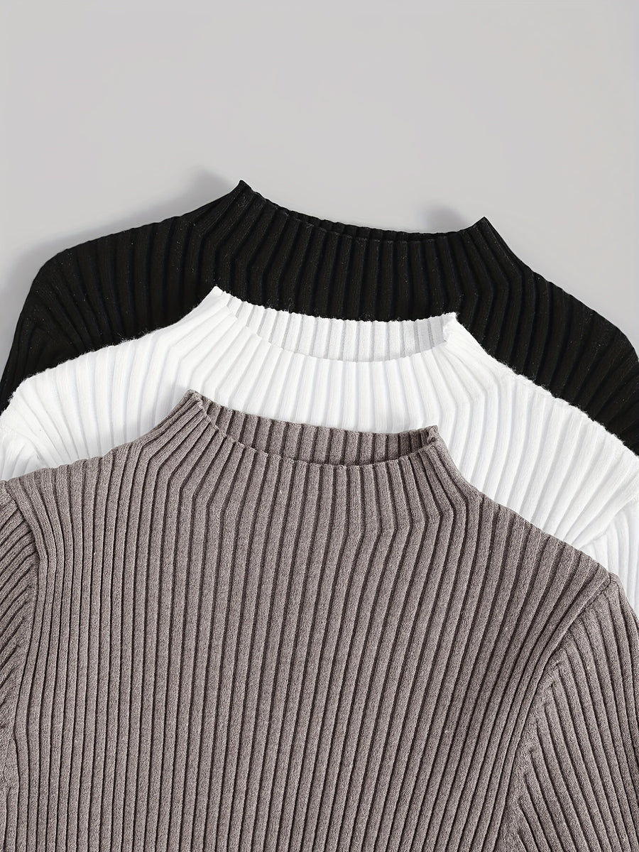3pcs Set Stand Collar Ribbed Base Layer Stretch Plain Color Versatile Vintage - Mixed Color 1
