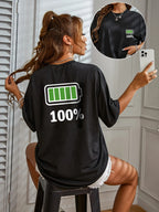 European And American Fast Fashion Casual Black T-Shirt with a Easy Round Neck, Short Sleeves, Featuring a Loose Fit And a Digital Battery Print for Women - Black