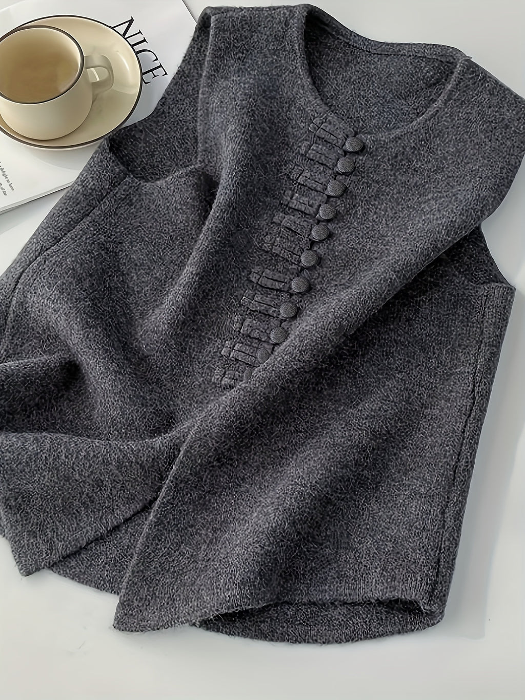 2026 New Women's Spring/Autumn New Chinese-Style Vintage Elegant Casual Solid Color Soft Sweater Vest Outerwear Jacket - Dark Gray