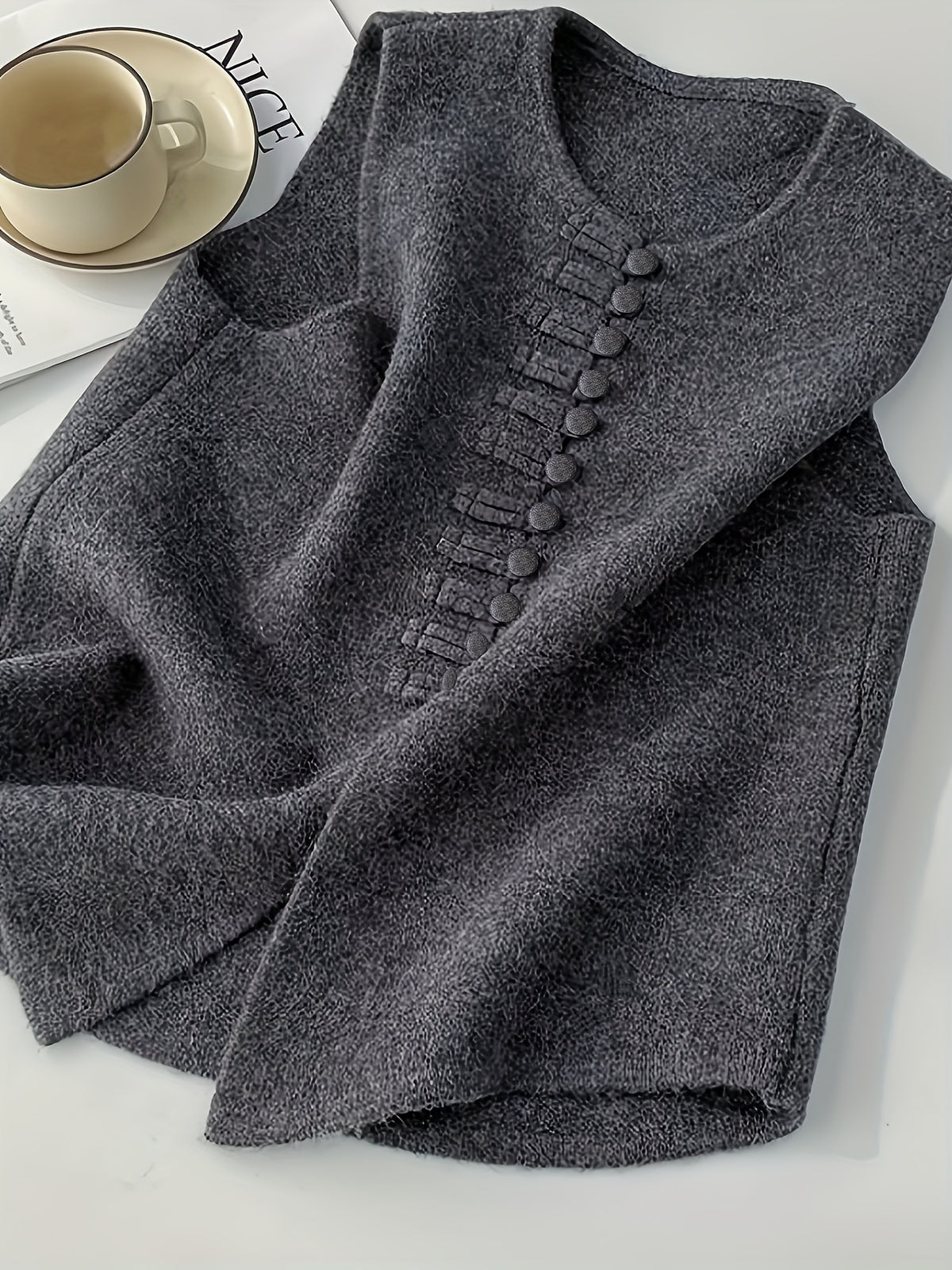 2026 New Women's Spring/Autumn New Chinese-Style Vintage Elegant Casual Solid Color Soft Sweater Vest Outerwear Jacket - Dark Gray