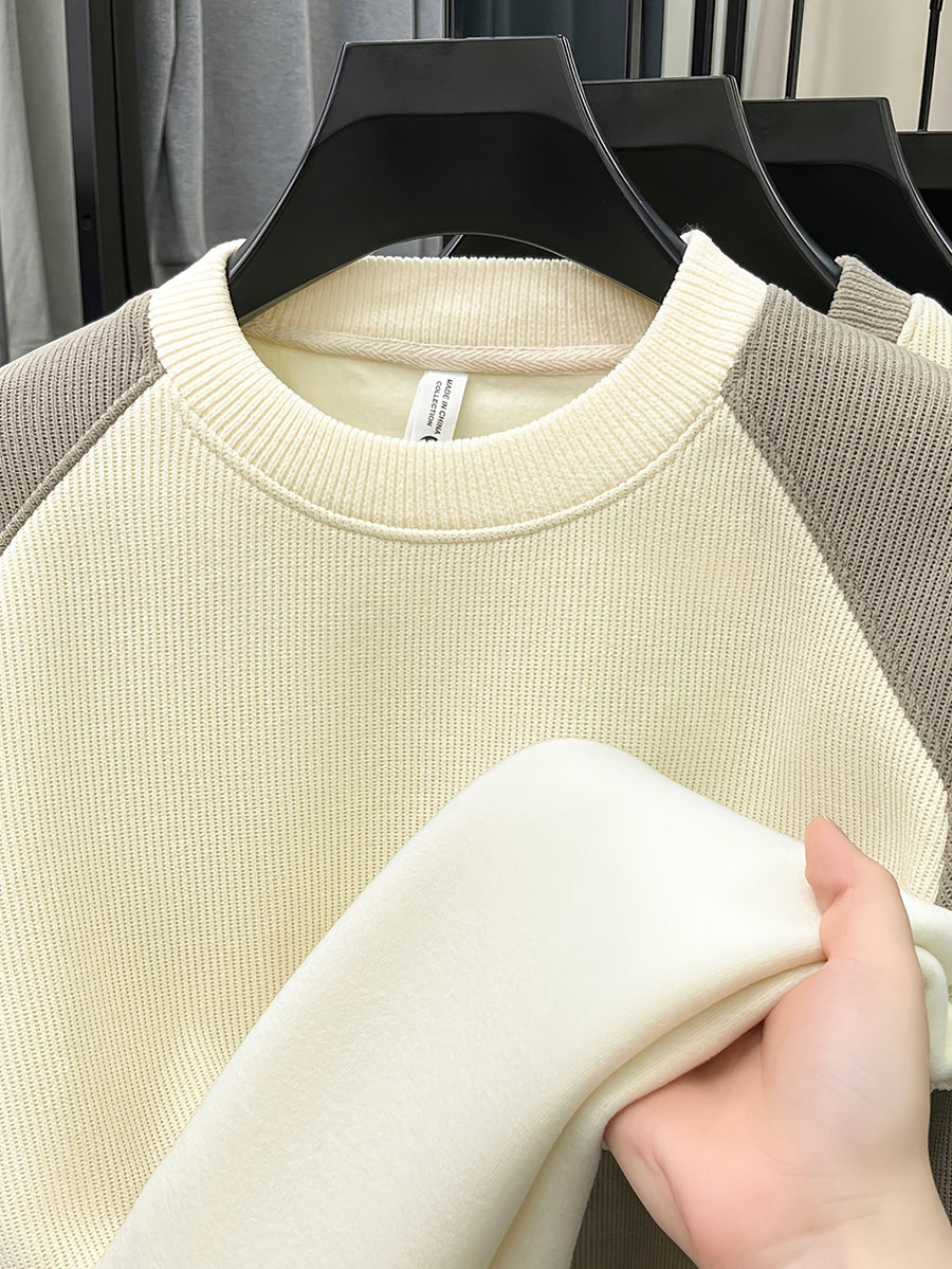 Men'S Color-Block Fleece Sweater Autumn Winter Thick Warm Knit Round Neck Pullover - Beige Color