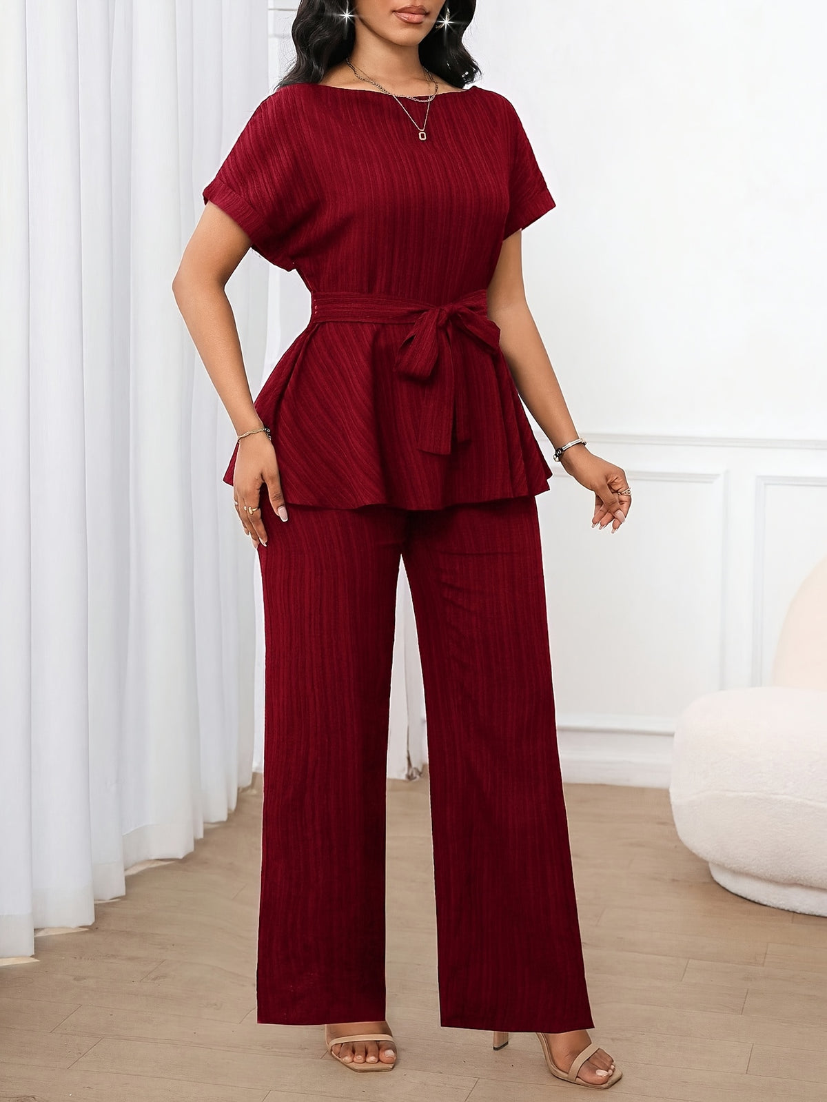 Women'S 2pcs Set, 1pc Short Sleeve Top And 1pc Loose Straight Pants Suitable for Spring Summer Wear - Burgundy