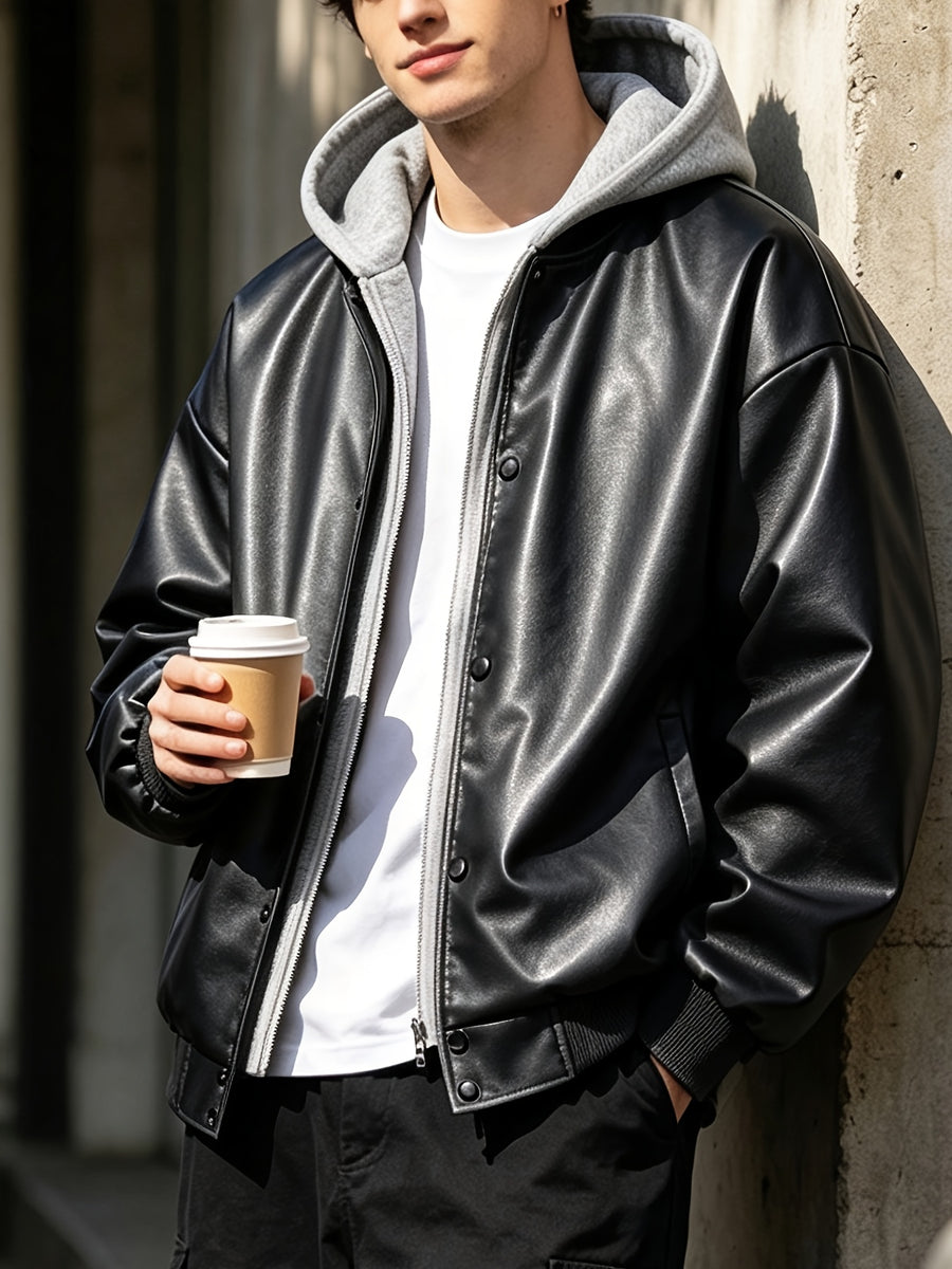 Men's Autumn/Winter 2-in-1 Look Hooded Baseball Jacket - Black
