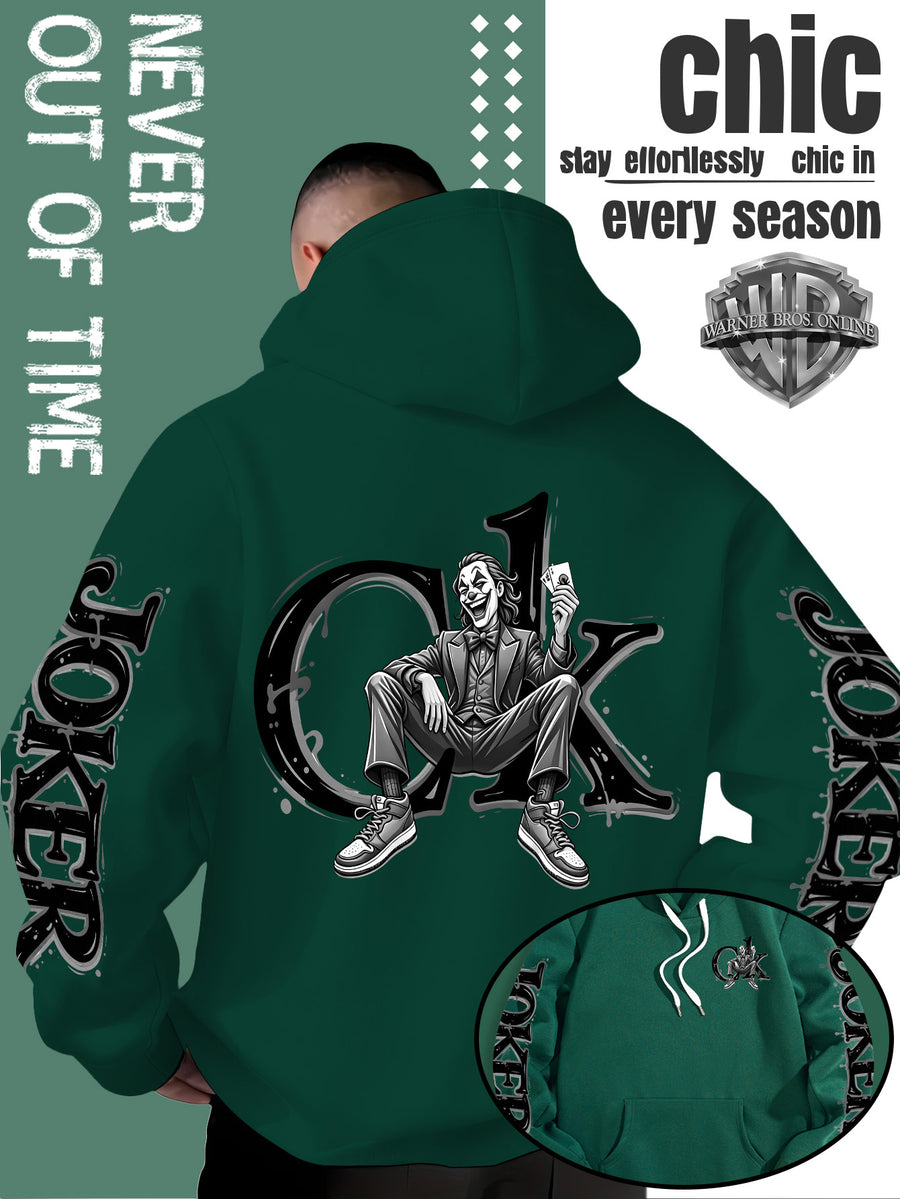 Men'S Hooded Sweatshirt, Western Trendy Cool Black And White Sketch Joker Theme Print, Sleeves with Same Series Splatter Art Lettering, Breathable And Skin-Friendly Fabric, Showcasing ' Fashion Sense, Ideal Gift for Holidays And Birthdays - Green