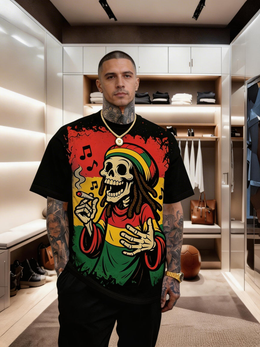 Printed Design – Not Textured Men's Short-Sleeve T-Shirt, European and American Style Hip-Hop Music Themed Crew Neck Top, Streetwear Trendy  Casual Short-Sleeve Top, Suitable for All Seasons, Daily Commute T-Shirt - Mixed colors