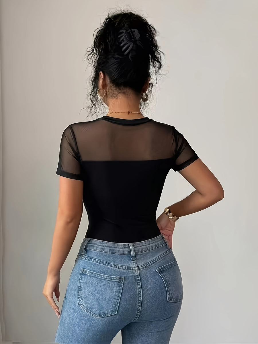 Women'S Sexy Elegant Shoulder Waist Mesh Patchwork Tight Dress - Black