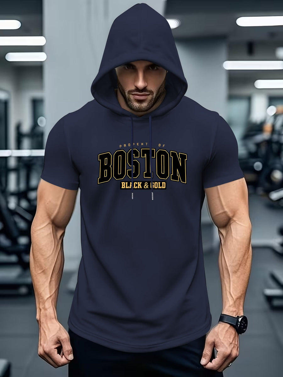 American Urban Element Style! BOSTON Lettering And BLACK & Golden Slogan Print, Hooded T-Shirt for City Sentiment - Navy Color