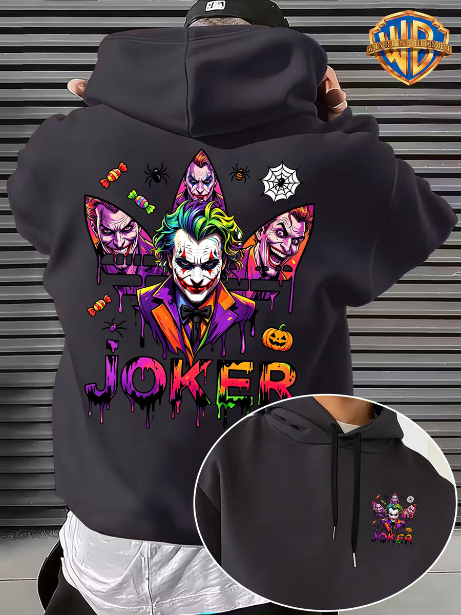 Warner Bros. Official Licensed Men'S Hoodie, Halloween Splatter Graffiti Theme Multi-Version Clown Head, Featuring Spider, Web, Candy, Pumpkin And Other Halloween Elements, Dripping Paint Effect Pattern Print, Street Style Men'S Pullover Hoodie - Dark Gray