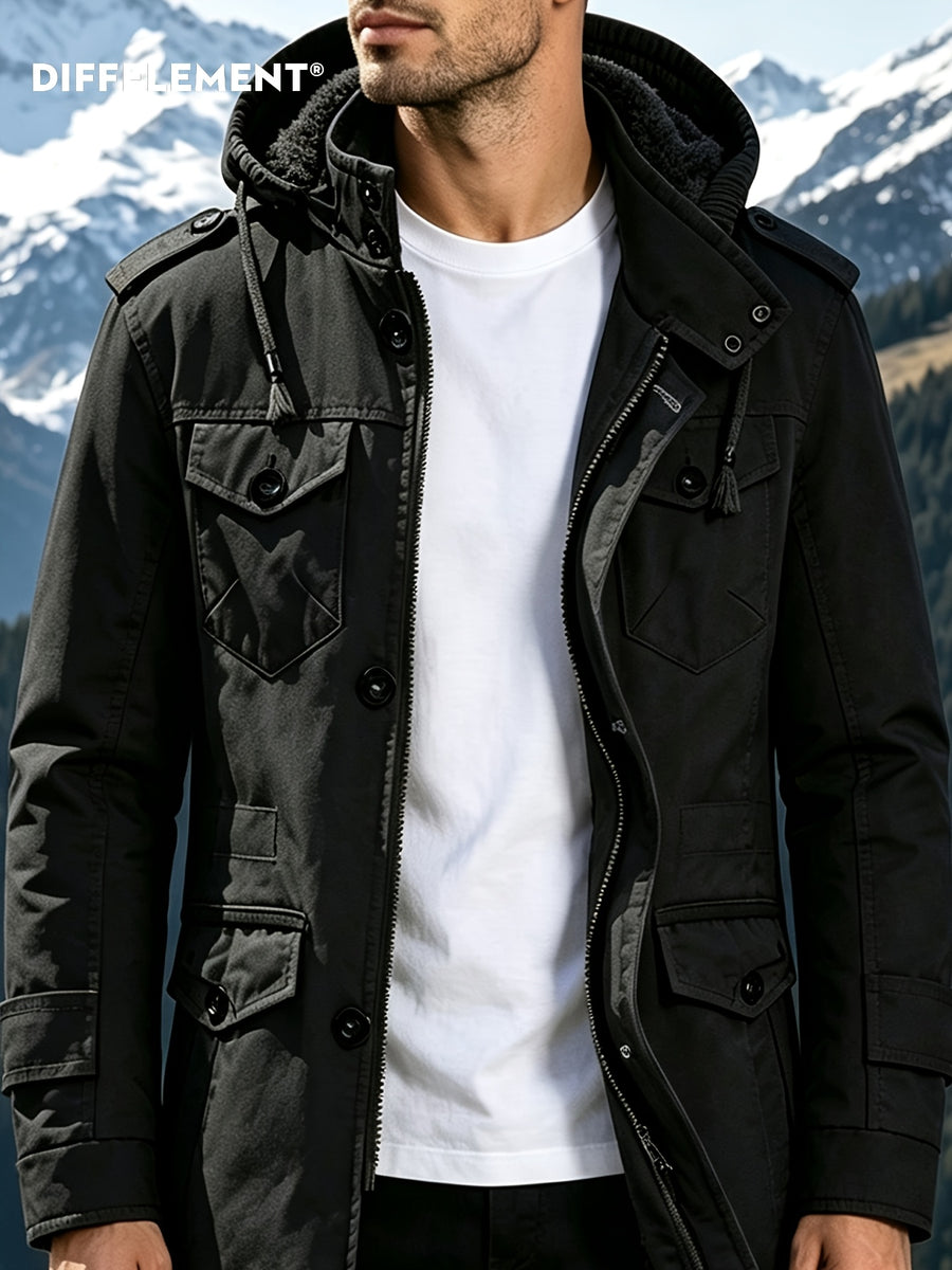 DIFFELEMENT Men's Outdoor Workwear Style Mid-Length Hooded Parka Coat with Fleece-Lined Thickened Lamb's Fleece Interior, Hood, Zipper, Button Double Front Closure, Windproof Multi-Pocket Design, Cold-Resistant, Wear-Resistant, and Warm Padded Coat - Black