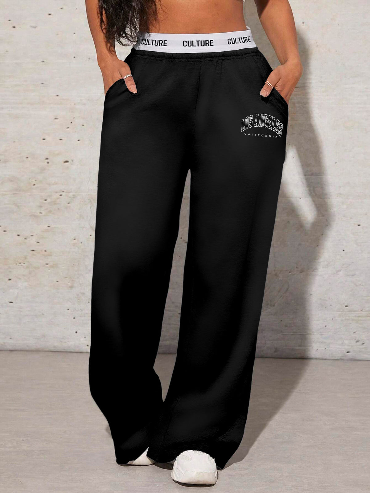 K6 Women's Letter LOS ANGELES Print Loose Wide-Leg Pants with Pockets, Versatile High-Waisted Casual Trousers - Black