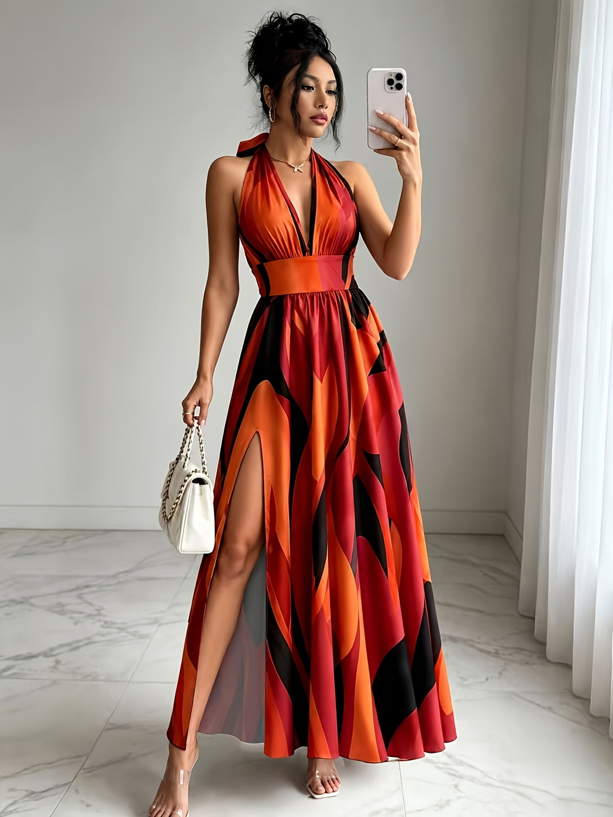 New French-Style Casual Elegant Sexy High-End Design V-Neck Backless Spaghetti Strap Waist-Revealing A-Line Slit Sleeveless Long Dress, Red and Green Floral Print, High-Quality Exquisite Women's Clothing - Red