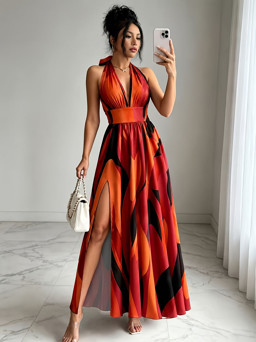 New French-Style Casual Elegant Sexy High-End Design V-Neck Backless Spaghetti Strap Waist-Revealing A-Line Slit Sleeveless Long Dress, Red and Green Floral Print, High-Quality Exquisite Women's Clothing - Red