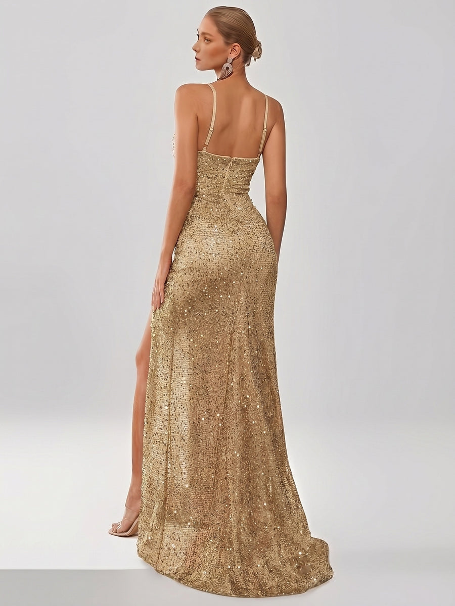 Sparkly Sequin Off-The-Shoulder Camisole Pleated Dress, Elegant Split Thigh Draped Side Slim Evening Dress, for Parties And Banquets, Wedding Nights, Proms, Date Night Dinners, Fashionable Elegant Performance Attire - Champagne