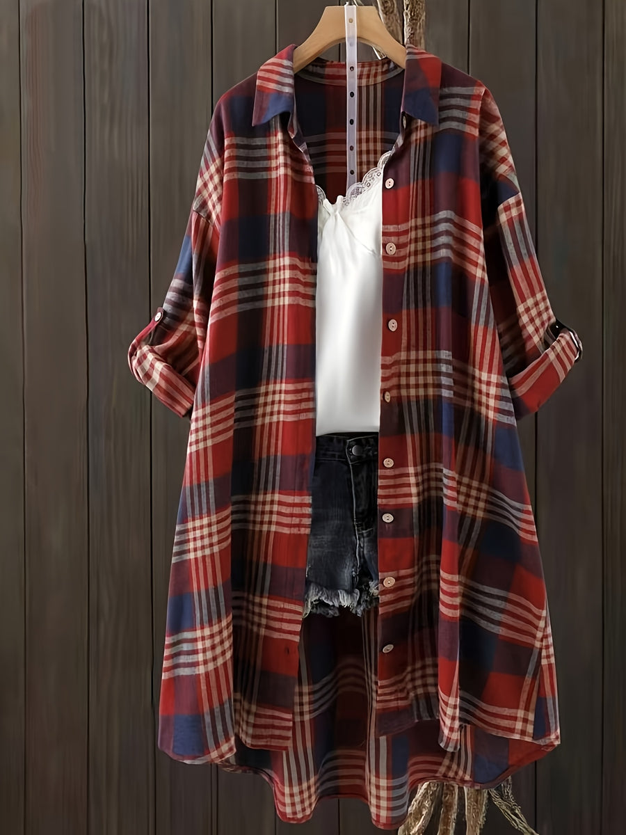 Women's Casual Plaid Midi Single-Breasted Loose Shirt - Brick Red
