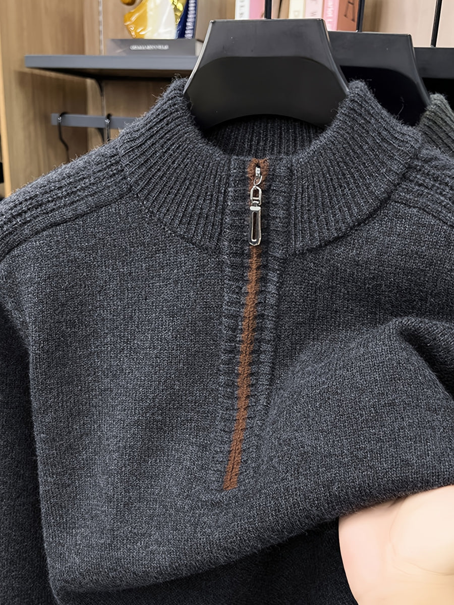 Men'S Thickened Semi-Open Zipper Stand Collar Knit Sweater, Ribbed Cuffs And Hem, Autumn/Winter Style, Single Wear And Layering, Light Mature Business Casual Style - Black Gray