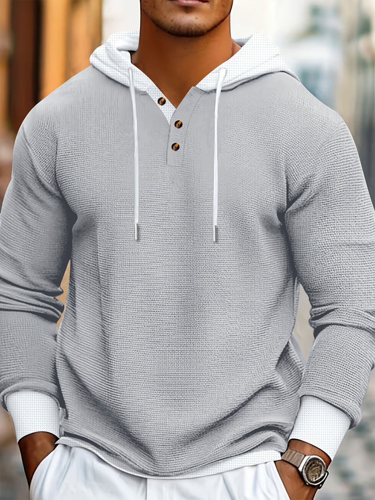 Men'S Casual Sports Hooded Shirt Fashionable Sweater Contrast Color Stitching Spring Long-Sleeved Outdoor Versatile Two-Piece T-Shirt - Grey+Black
