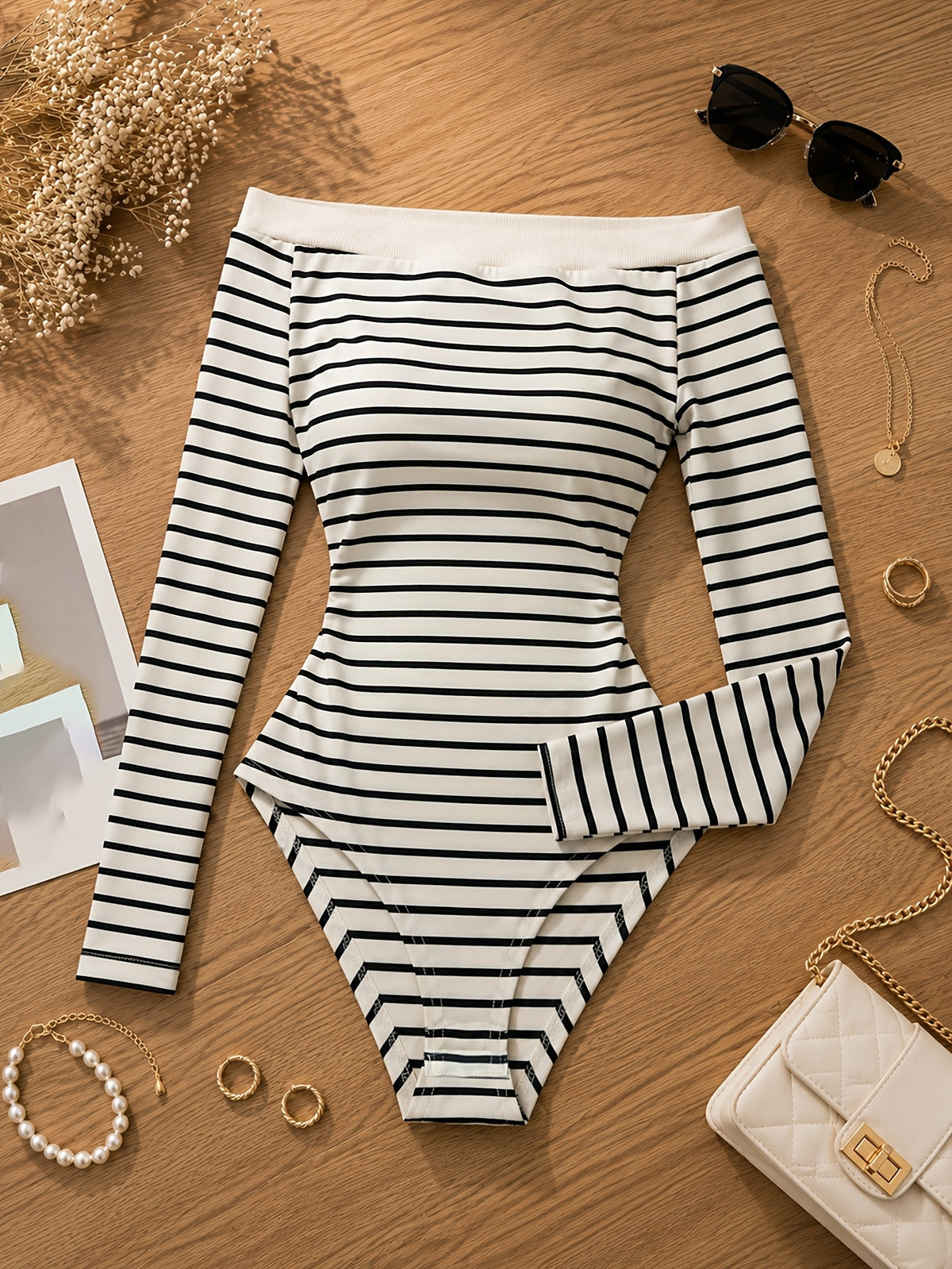 Autumn/Winter French-Style Off-the-Shoulder Striped Long-Sleeve Bodysuit for Women, Off-Shoulder Inner Wear, Figure-Hugging Ribbed Base Layer Top, Without Bra Padding - Stripe