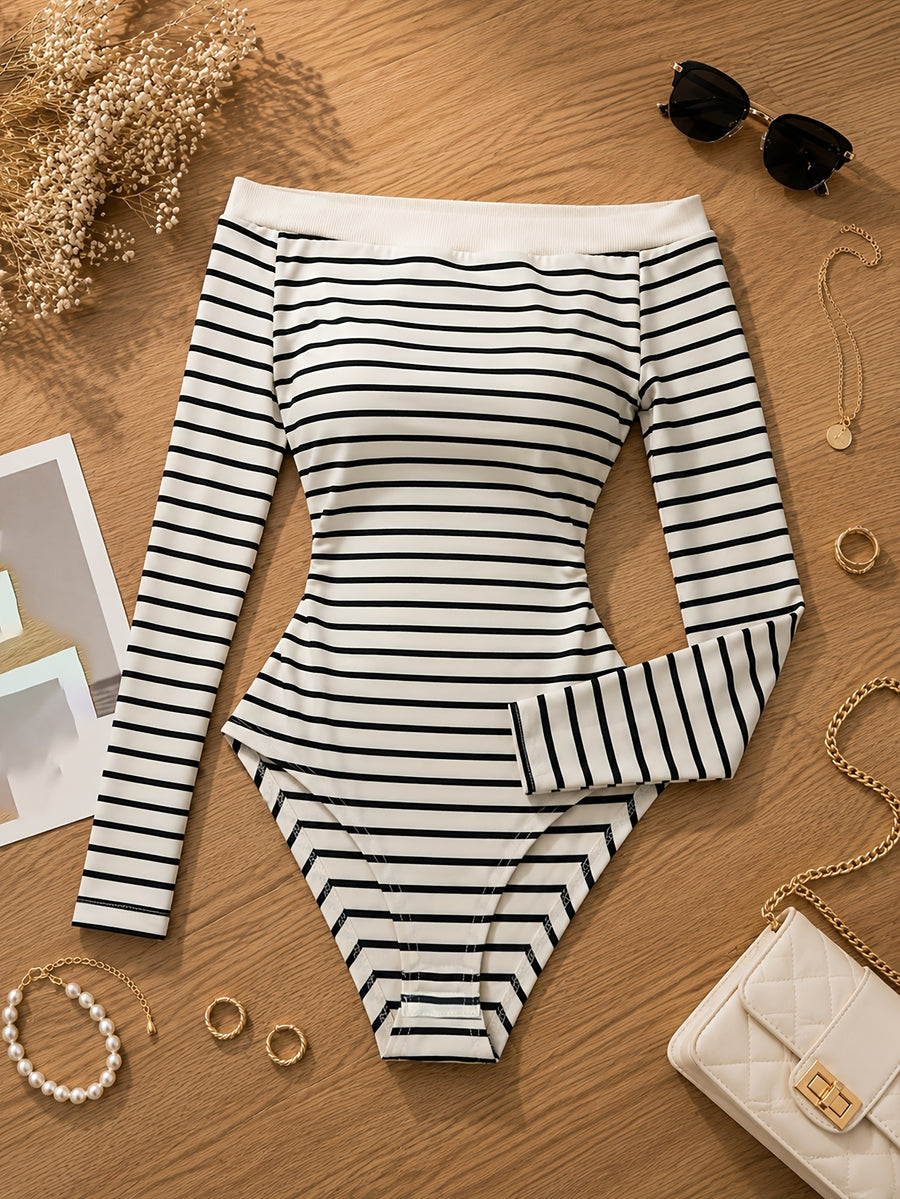 Autumn/Winter French-Style Off-the-Shoulder Striped Long-Sleeve Bodysuit for Women, Off-Shoulder Inner Wear, Figure-Hugging Ribbed Base Layer Top, Without Bra Padding - Stripe