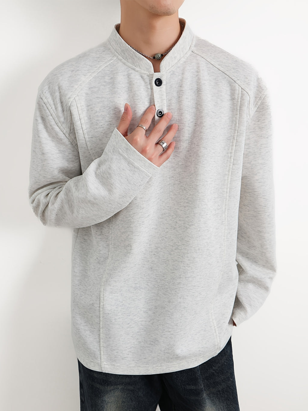 Men'S Casual Athletic T-Shirt, 1pc Men'S Fashion Trendy Casual Individual Patchwork Long Sleeve T-Shirt, Loose Fit Comfortable Slight Stretch Fabric, Blend Material, Suitable for Daily Casual Wear - Granny Gray