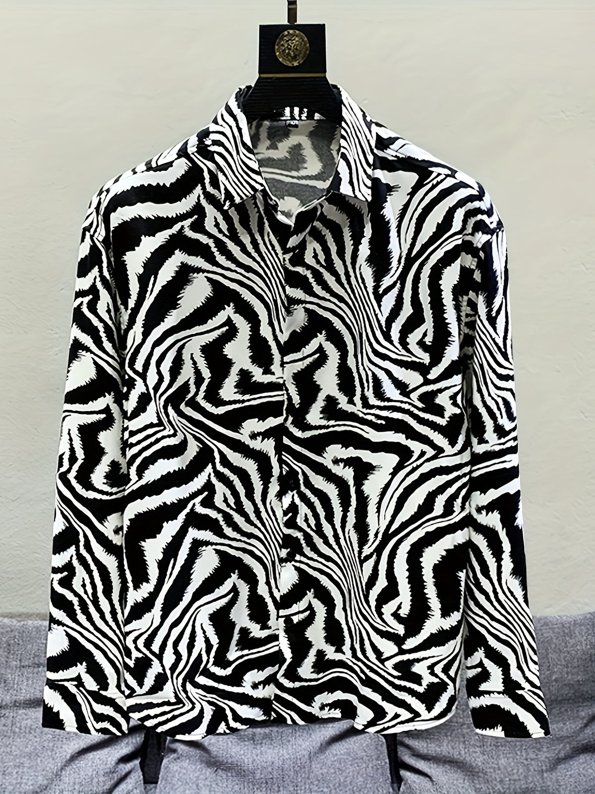 Men'S Trendy Retro Slim-Fit Long-Sleeve Shirt with a Zebra Pattern for Spring And Summer in The Middle East, Wrinkle-Free And Lightweight - Black