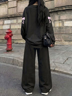 Vintage Trend Soft Pink Distressed 23 Number Bow Princess Print 2pcs Set for Women, Casual Streetwear Long Sleeve and Long Pants Outfit, Suitable for Street Style Hot, American Jersey Sporty Street Fashion - Black+black
