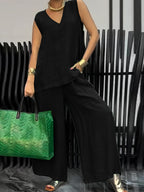 Women's Casual 2pcs Set Solid Color Loose Sleeveless V-Neck Tank Top + Wide-Leg Pants - Black