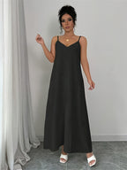 Women's Elegant V-Neck Camisole Bridesmaid Dress - Adjustable Thin Strap A-Line Maxi Dress Suitable for Beach Weddings, Bridesmaids, Summer Vacations, Casual & Formal Wear, Machine Washable Solid Color Dress - Black