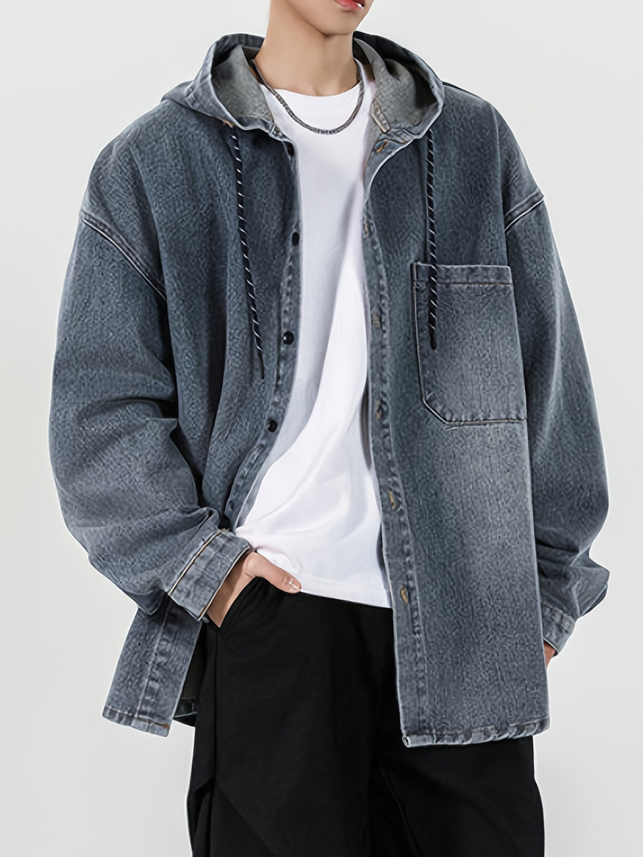 Men's High Street Hooded Denim Jacket, Men's Washed and Distressed Design, Denim Hooded Top, Couple's Long Sleeved Jacket Top - Blue