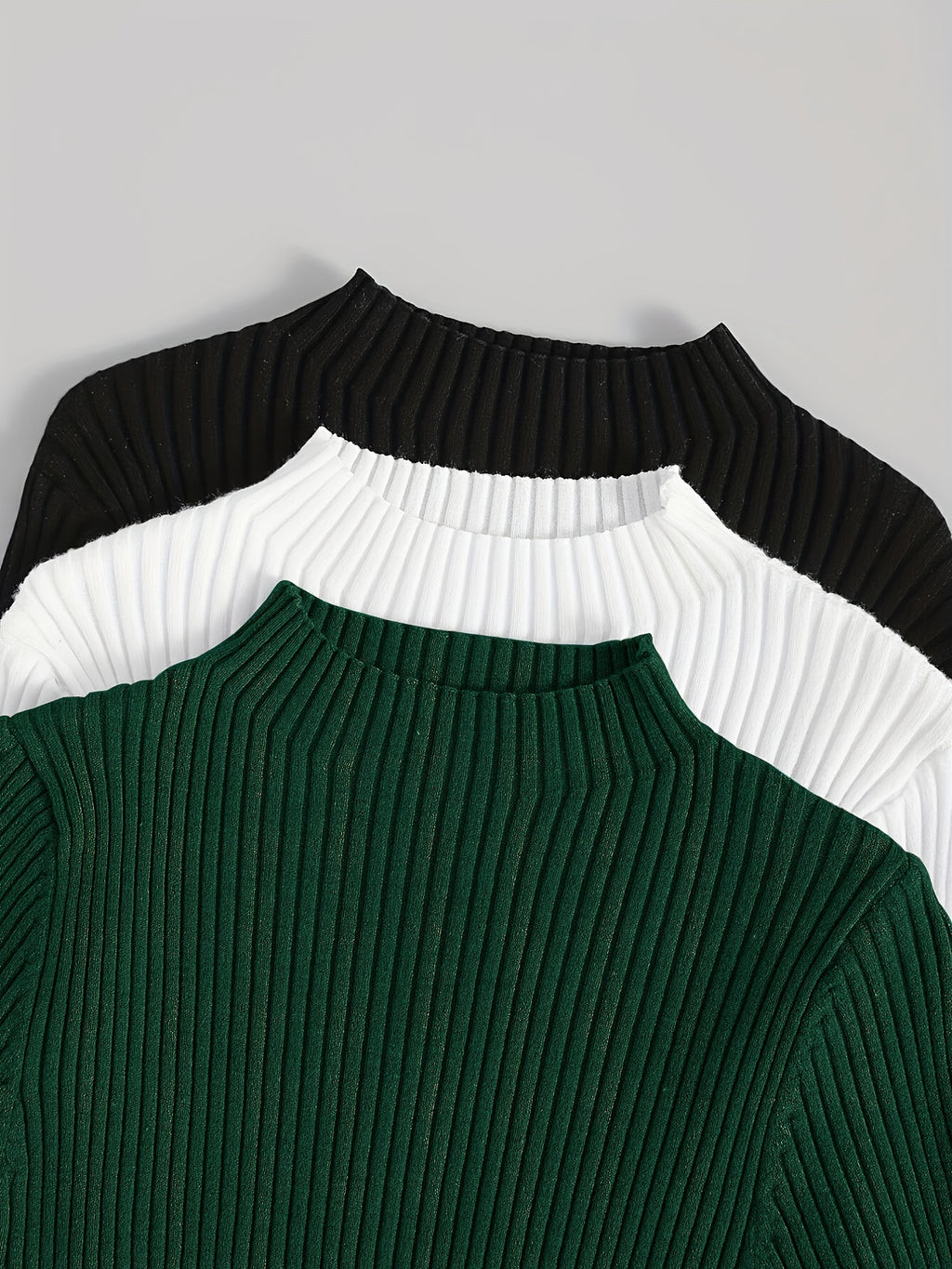 3pcs Set Stand Collar Ribbed Base Layer Stretch Plain Color Versatile Vintage - Mixed Color 4