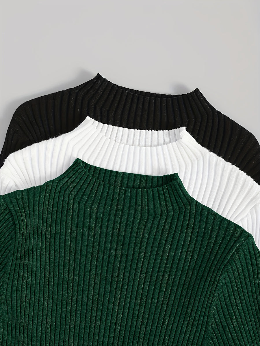 3pcs Set Stand Collar Ribbed Base Layer Stretch Plain Color Versatile Vintage - Mixed Color 4