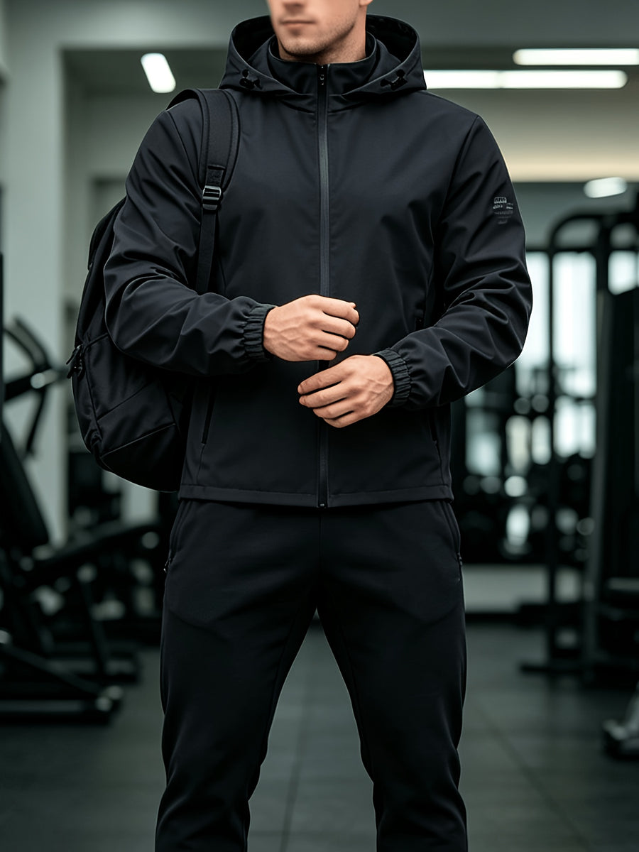 Outdoor Men'S Hooded Jacket Solid Color Breathable Sleeve Print Commuting Sports Windbreaker Suitable for Daily Work Scenes - Black